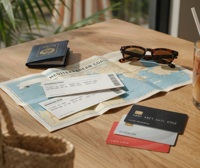 Protect your credit during vacation season: travel documents, a map, sunglasses, and credit cards arranged on a table for summer trip planning.